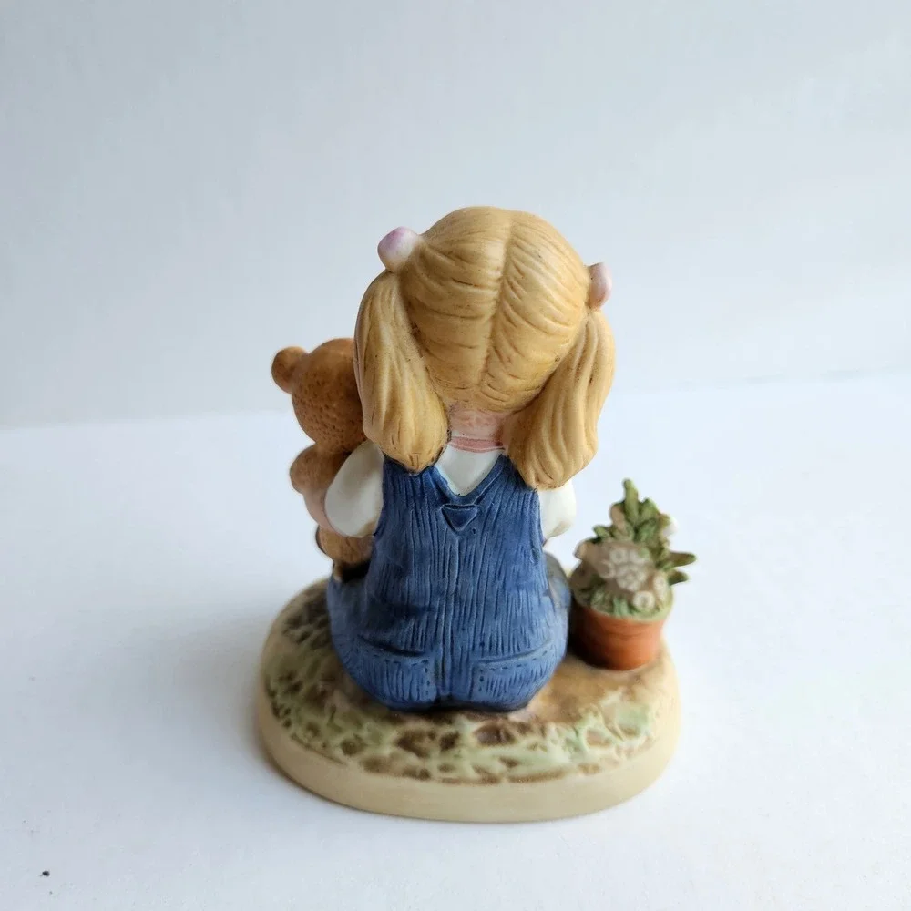 Vintage Homco Denim Days Figurine 1504 Girl with Teddy Bear and Flower Pot 1985